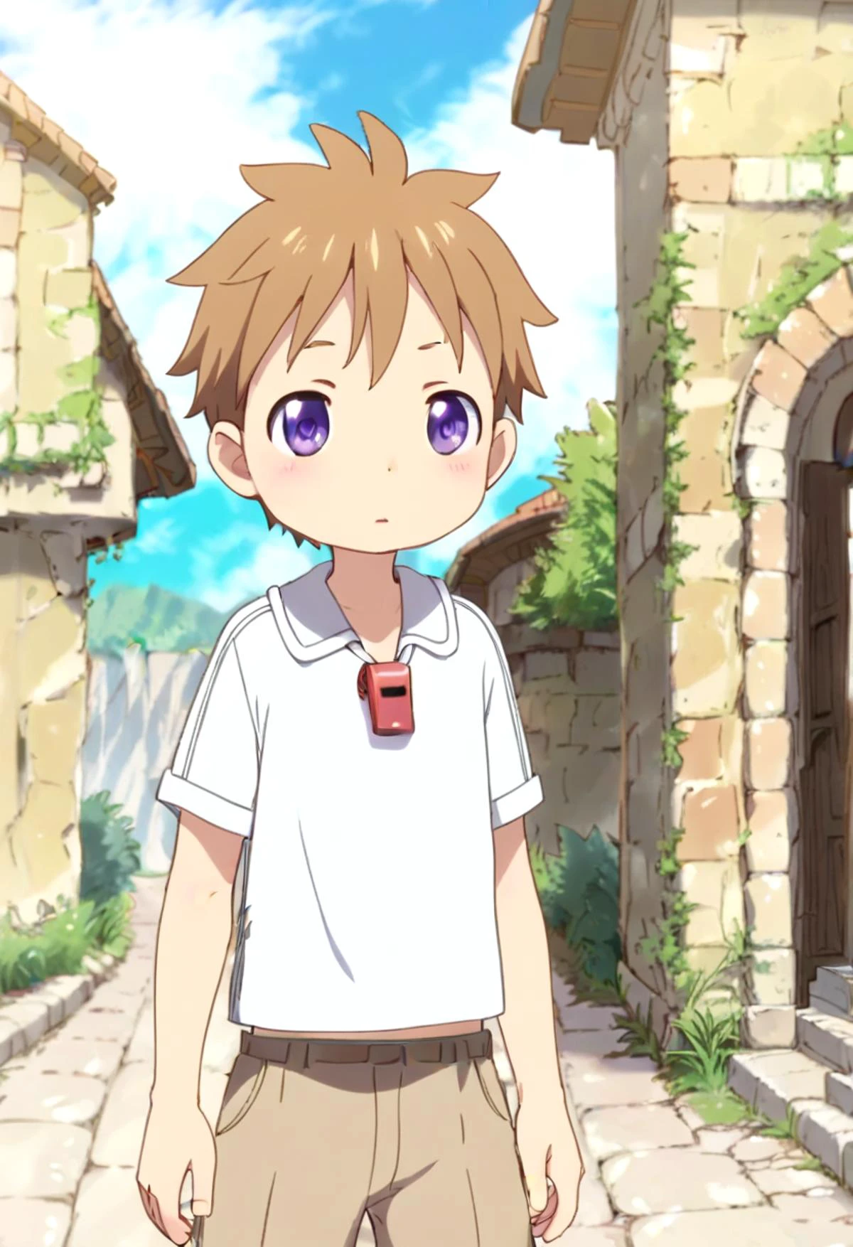 score_9, score_8_up, score_7_up, detailed eyes, BREAK
straight on shot, standing,
<lora:natPony-000016:0.7>mia_nat, petite, aged down, child,
one boy standing in a stone village.
He has Brown hair and purple eyes.
He wears a red whistle as a pendant around his neck,close up,