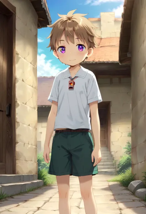 score_9, score_8_up, score_7_up, detailed eyes, BREAK
straight on shot, standing,
 <lora:natPony-000016:0.7>mia_nat, petite, aged down, child,
one boy standing in a stone village.
He has Brown hair and purple eyes.
He wears a red whistle as a pendand around his neck,
smile