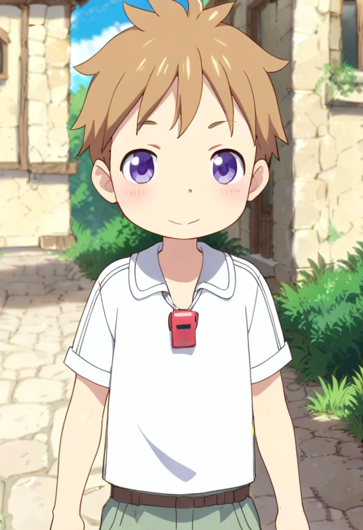 score_9, score_8_up, score_7_up, detailed eyes, BREAK
straight on shot, standing,
<lora:natPony-000016:0.7>mia_nat, petite, aged down, child,
one boy standing in a stone village.
He has Brown hair and purple eyes.
He wears a red whistle as a pendant around his neck,close up,
faint smile