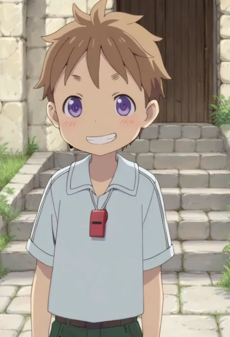 score_9, score_8_up, score_7_up, detailed eyes, BREAK
straight on shot, standing,
 <lora:natPony-000016:0.7>mia_nat, petite, aged down, child,
one boy standing in a stone village.
He has Brown hair and purple eyes. 
He wears a red whistle as a pendant around his neck,close up,
grin