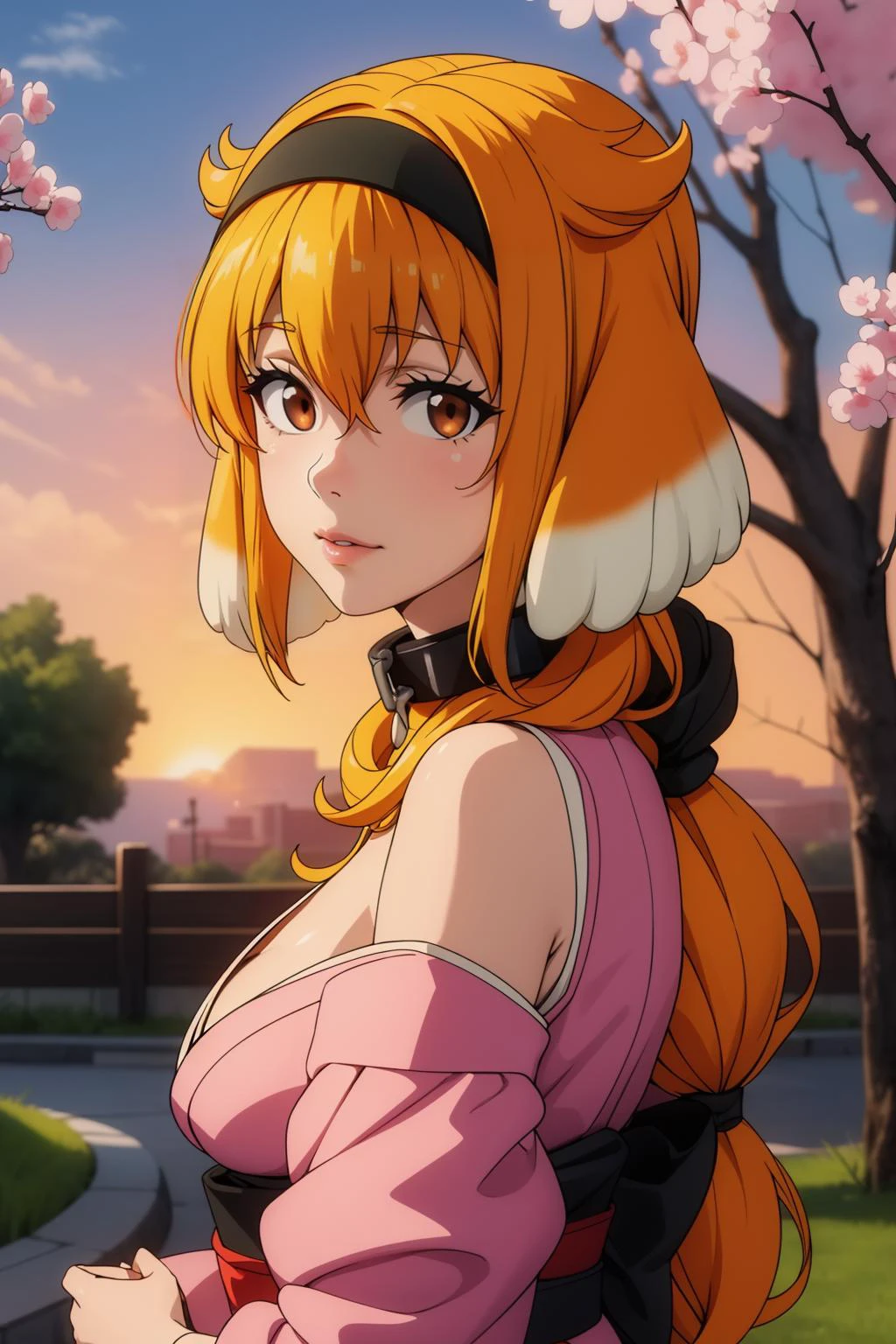 1girl, solo, adult mature woman, age 30, high quality, best quality, highres, high detail, standing, <lora:Char_shlow-Roxanne:0.7> pikkyroxanne, looking at viewer, orange hair, blonde hair, hair between eyes, bangs, brown eyes, breasts, animal ears, collar, black hairband, hairband, tail, dog tail, dog ears, cleavage, floppy ears, black collar, dog girl, Japanese kimono, traditional design, submissive pose, serene garden setting, cherry blossoms, sunset hues, vibrant, detailed, 8k resolution,