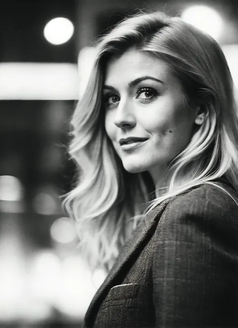 candid RAW close up portrait photo of sks woman in a (purple colored suit:1.0) on a dark street with shopping windows (at night:1.2), bokeh, Ilford Delta 3200 film, dof, high definition, detailed, intricate, flashlight, <lora:locon_katmcnamara_v1_from_v1_64_32:1.25>