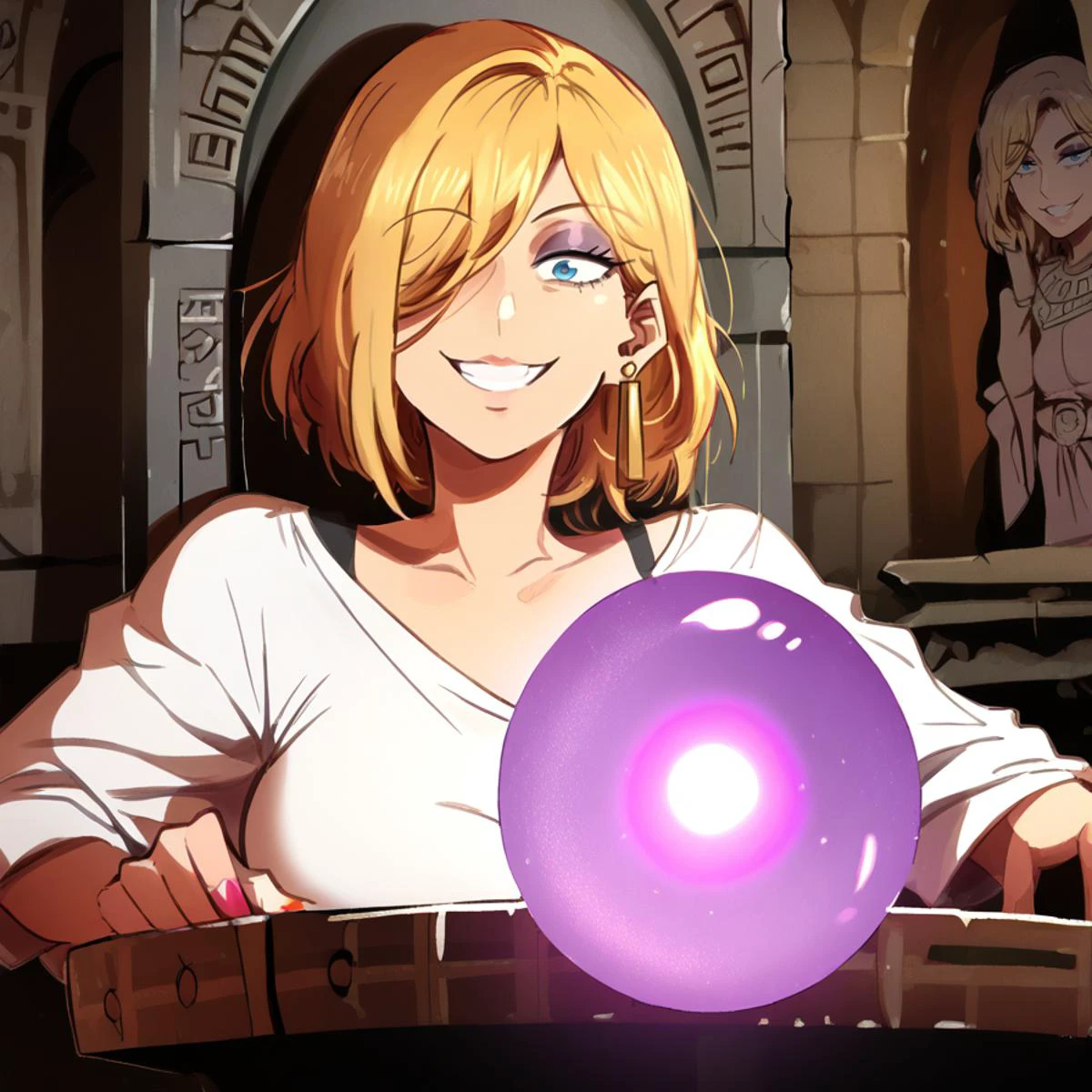 score_9, score_8_up, score_7_up, detailed background, realistic lighting, background: ancient ruins,
detailed eyes, mature female,fit and slim,1 girl,
<lora:Pondering_My_Orb:0.9>, Pondering My Orb, table, stone chair, sitting in chair, Purple Orb, Glowing Orb,
<lora:khyle:0.8> ,khlye, <lora:thiccwithaq locon:0.4>, thiccwithaq,
<lora:Souma_Sayoko:1>,souma_sayoko,makeup, lots of jewelry, golden earrings,gyaru, gal, clear eyes, blue eyes, blonde hair, short hair, hair over one eyes, smile,
