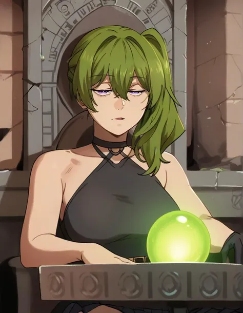 score_9, score_8_up, score_7_up, detailed background, realistic lighting, background: ancient ruins,
detailed eyes, mature female,fit and slim,1 girl,
<lora:Pondering_My_Orb:0.9>, Pondering My Orb, table, stone chair, sitting in chair, Green Orb, Glowing Orb,
<lora:khyle:0.8> ,khlye, <lora:thiccwithaq locon:0.4>, thiccwithaq,
<lora:jitome_for_pony:0.6> jitome, hosome, half closed eyes, squinted eyes, narrowed eyes, narrow gaze,
<lora:Ubel_PonyXL:0.7>, ubel,1girl,green hair, bangs,hair between eyes,side ponytail, purple eyes, black choker, collarbone, sleeveless, black dress,sleeveless dress, halterneck,pleated skirt, black gloves,belt,