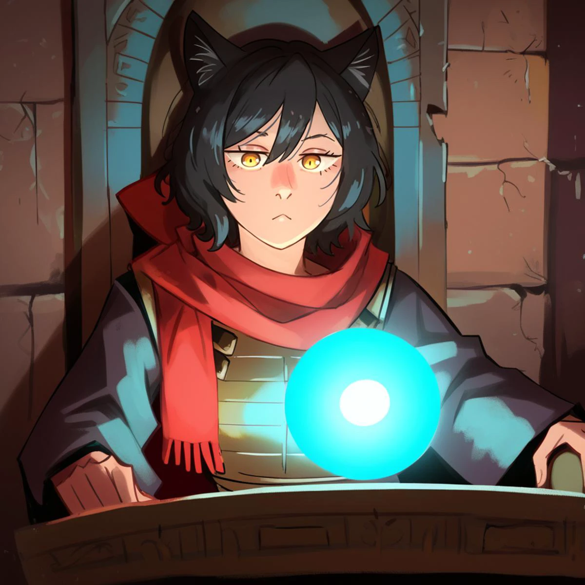 score_9, score_8_up, score_7_up, detailed background, realistic lighting, background: ancient ruins,
detailed eyes, mature female,fit and slim,1 girl,
<lora:Pondering_My_Orb:0.9>, Pondering My Orb, table, stone chair, sitting in chair,Blue Orb, Glowing Orb,
<lora:khyle:0.8> khlye,
<lora:Izutsumi_Dungeon_Meshi:0.8>, IzutsumiER, cat girl, yellow eyes, black hair, short hair, leather armor, red scarf,