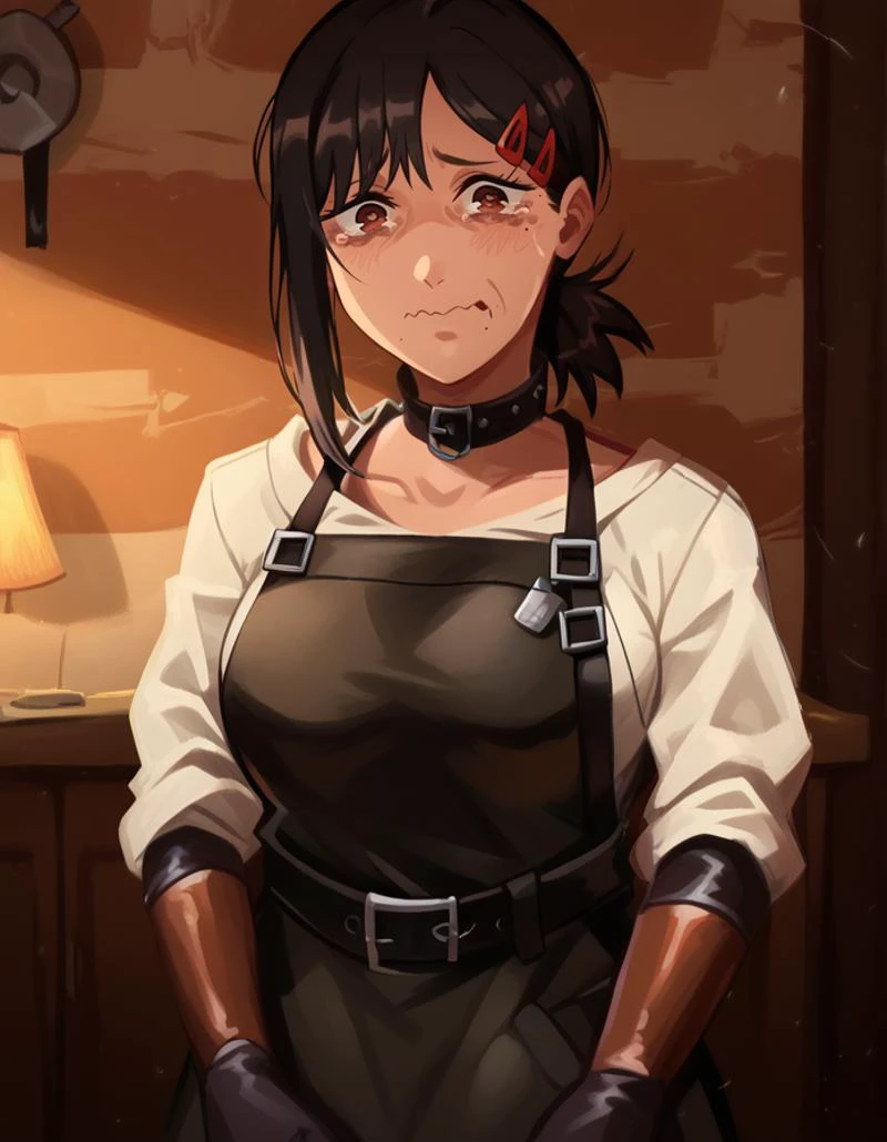 score_9, score_8_up, score_7_up, detailed background, realistic lighting, background: magma, dappled sunlight,
detailed eyes, mature female,fit and slim,1 girl, slightly parted lips, dynamic pose,
<lora:Blacksmith_Clothing:0.8>, Blacksmith Clothing, Leather Apron, hammer, belt, leather gloves, collar,
<lora:kobeni-higashiyama-ponyxl-lora-nochekaiser:1>, kobeni higashiyama, black hair, hair ornament, hairclip, mole, mole under eye, ponytail, short hair, brown eyes,
<lora:concept_aquacrying_ponyXL:0.25>, aquacrying, wavy mouth, closed mouth, tearing up,
<lora:khyle:1> khlye
