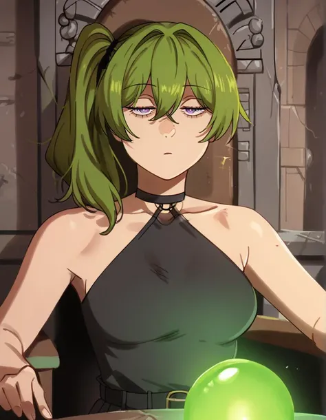 score_9, score_8_up, score_7_up, detailed background, realistic lighting, background: ancient ruins,
detailed eyes, mature female,fit and slim,1 girl,
<lora:Pondering_My_Orb:1>, Pondering My Orb, table, stone chair, sitting in chair, Green Orb, Glowing Orb,
<lora:khyle:0.8> ,khlye, <lora:thiccwithaq locon:0.4>, thiccwithaq,
<lora:jitome_for_pony:0.6> jitome, hosome, half closed eyes, narrowed eyes, narrow gaze, bored,
<lora:Ubel_PonyXL:0.7>, ubel,1girl,green hair, bangs,hair between eyes,side ponytail, purple eyes, black choker, collarbone, sleeveless, black dress,sleeveless dress, halterneck,pleated skirt, black gloves,belt,