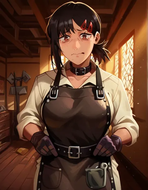 score_9, score_8_up, score_7_up,   detailed background,  realistic lighting, background: magma, dappled sunlight,
detailed eyes, mature female,fit and slim,1 girl, slightly parted lips, dynamic pose,
<lora:Blacksmith_Clothing:0.8>, Blacksmith Clothing, Leather Apron, hammer,  belt,  leather gloves, collar, 
 <lora:kobeni-higashiyama-ponyxl-lora-nochekaiser:1>, kobeni higashiyama, black hair, hair ornament, hairclip, mole, mole under eye, ponytail, short hair, brown eyes,
 <lora:concept_aquacrying_ponyXL:0.25>, aquacrying, wavy mouth, closed mouth, tearing up,
 <lora:khyle:1> khlye