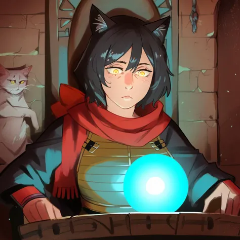 score_9, score_8_up, score_7_up,   detailed background,  realistic lighting, background: ancient ruins,
detailed eyes, mature female,fit and slim,1 girl,
<lora:Pondering_My_Orb:0.9>, Pondering My Orb, table, stone chair, sitting in chair,Blue Orb, Glowing Orb, 
<lora:khyle:0.8> ,khlye,  <lora:thiccwithaq locon:0.4>, thiccwithaq,
 <lora:Izutsumi_Dungeon_Meshi:0.8>,  IzutsumiER, cat girl, yellow eyes, black hair, short hair, leather armor, red scarf,