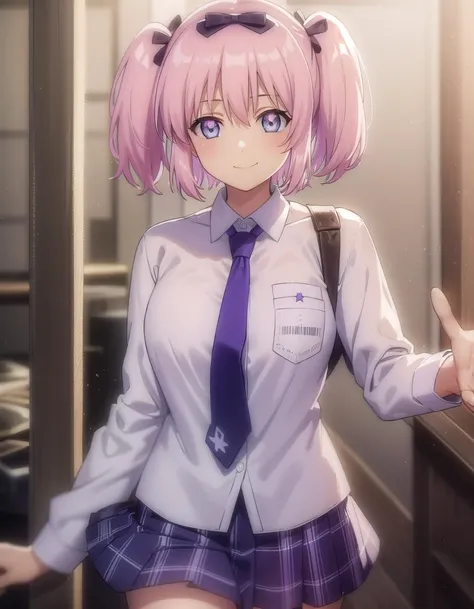 skhibari, <lora:sk hibari s1-lora-nochekaiser:1>,
hibari, short hair, bow, twintails, pink hair, hair bow, symbol-shaped pupils, short twintails, blue eyes,
BREAK skirt, bow, school uniform, necktie, purple skirt,
BREAK outdoors, classroom,
BREAK looking at viewer, (cowboy shot:1.5), smile,
BREAK <lyco:GoodHands-beta2:1>, (masterpiece:1.2), best quality, high resolution, unity 8k wallpaper, (illustration:0.8), (beautiful detailed eyes:1.6), extremely detailed face, perfect lighting, extremely detailed CG, (perfect hands, perfect anatomy),