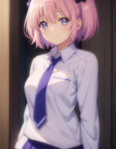 skhibari, <lora:sk hibari s1-lora-nochekaiser:1>,
hibari, short hair, bow, twintails, pink hair, hair bow, symbol-shaped pupils, short twintails, blue eyes,
BREAK skirt, bow, school uniform, necktie, purple skirt,
BREAK outdoors, classroom,
BREAK looking at viewer, (cowboy shot:1.5), smile,
BREAK <lyco:GoodHands-beta2:1>, (masterpiece:1.2), best quality, high resolution, unity 8k wallpaper, (illustration:0.8), (beautiful detailed eyes:1.6), extremely detailed face, perfect lighting, extremely detailed CG, (perfect hands, perfect anatomy),