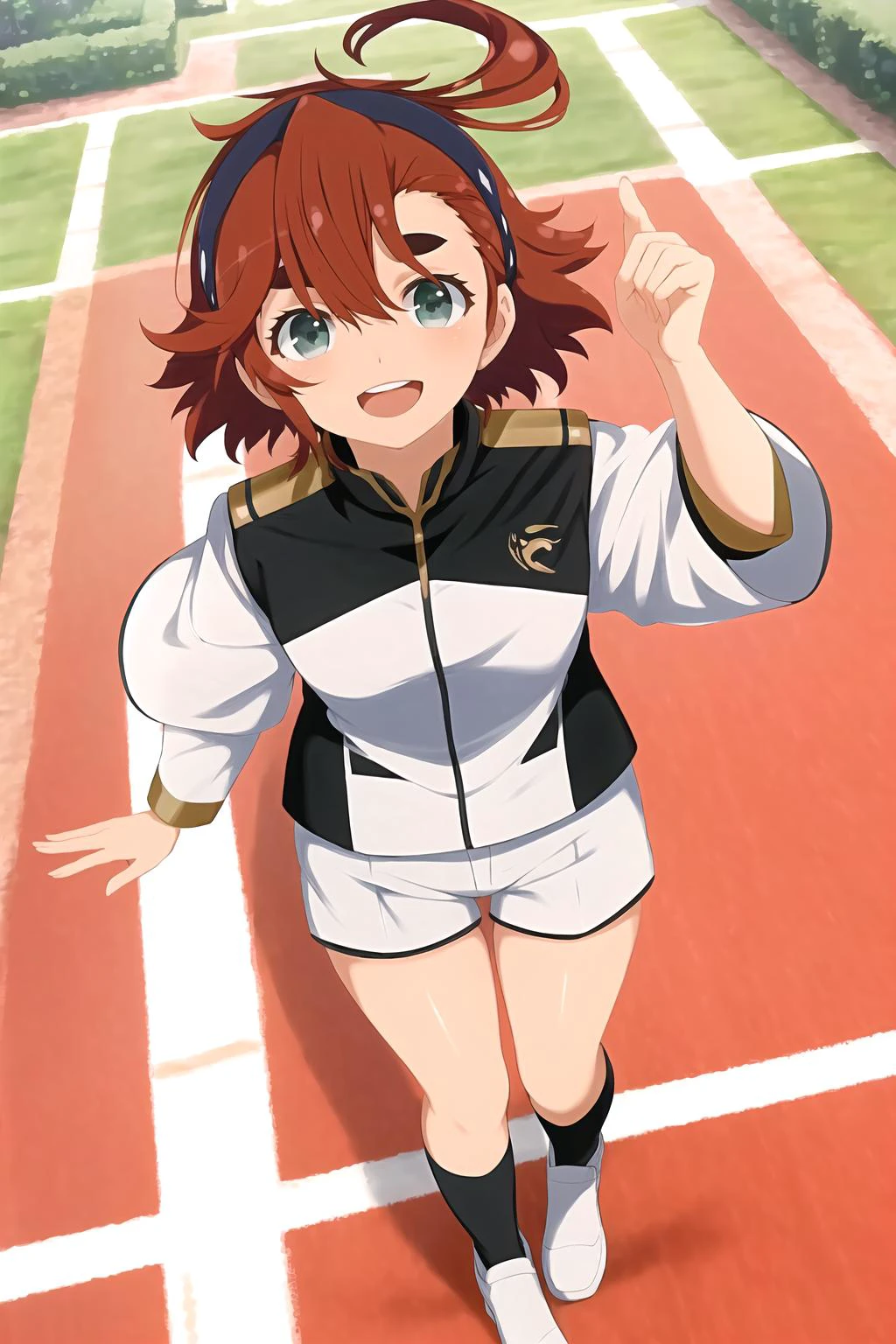 masterpiece, best quality, SulettaMercury, hair between eyes, green school uniform, black hairband, hair between eyes, short hair, red hair, looking at viewer, low ponytail, shorts, smile, open mouth, from above, <lora:SulettaMercury-10:0.7> <lora:senran_kagura-000012:0.95>