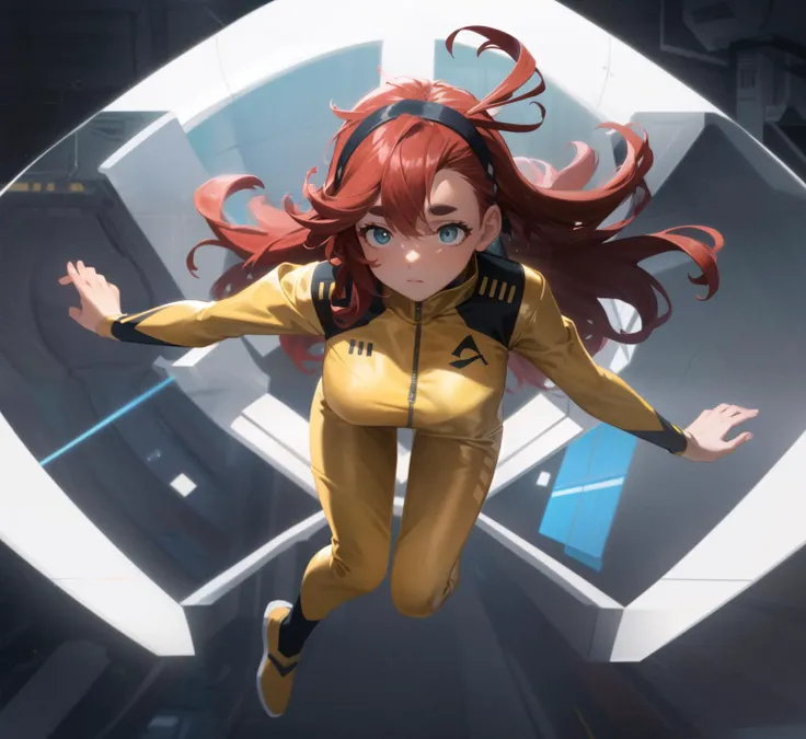 masterpiece,best quality, masterpiece, high detail,detailed face,detailed eyes,rendered eyes,perfect eyes,hip lines,ambient occlusion,crisp image,detailed,amazing,8k,8k wallpaper,8k background,high detailed skin,high res,
1girl,solo, <lora:SulettaMercury-10:0.8>,SulettaMer,hairband,black hairband,darkred bodysuit, golden jumpsuit,((long hair)),(( facing_away )) , (( leaning forward )) ,((full body)),((no gravity,floating)),indoors,interior,space station,large breasts,thick_tights