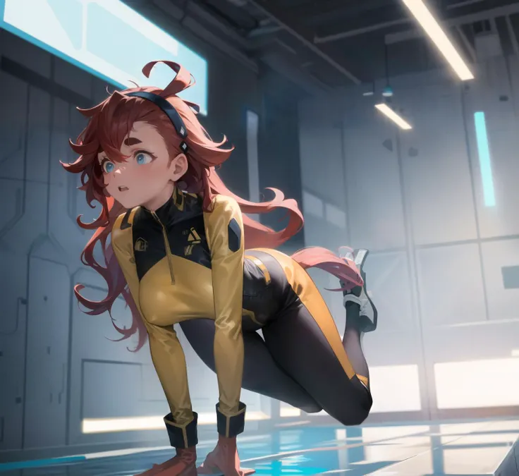 masterpiece,best quality, masterpiece, high detail,detailed face,detailed eyes,rendered eyes,perfect eyes,hip lines,ambient occlusion,crisp image,detailed,amazing,8k,8k wallpaper,8k background,high detailed skin,high res,
1girl,solo, <lora:SulettaMercury-10:0.8>,SulettaMer,hairband,black hairband,pony taildarkred bodysuit, golden jumpsuit,((long hair)),(( facing_away )) , (( leaning forward ))  ,((full body)),((no gravity,floating,swimming)),indoors,interior,space station,large breasts,thick_tights