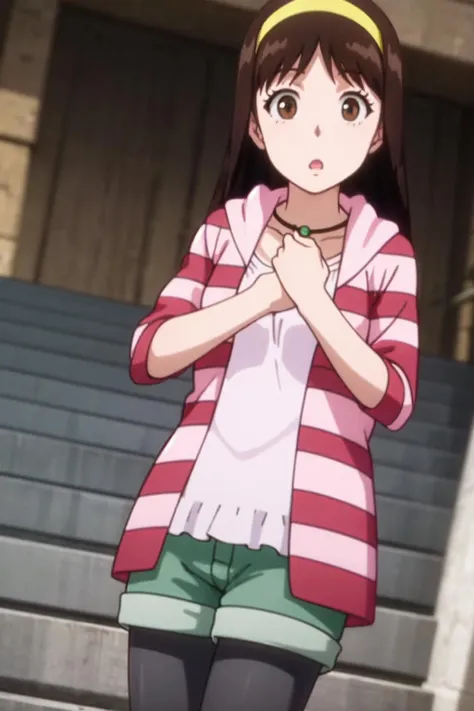 miyukiot, 1girl, solo, hairband, necklace, striped hoodie, pink shirt, open mouth, hood, green shorts, pantyhose, legwear under shorts, black pantyhose, looking at viewer, hand on own chest, stairs, from below, upskirt, :o, dutch angle, <lora:miyukina_V3-09:0.8>