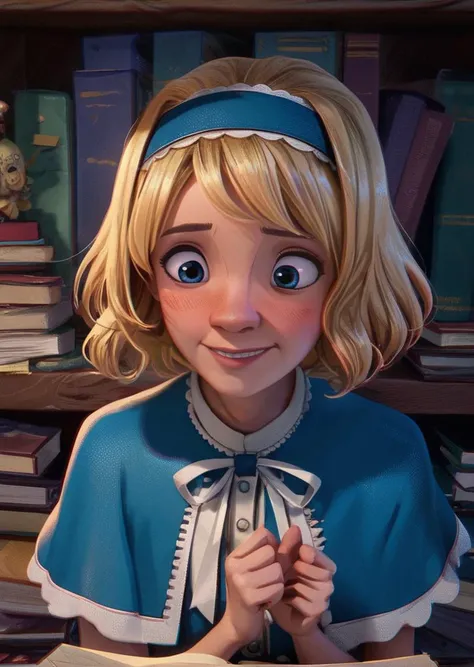 score_9, score_8_up, score_7_up, score_6_up, sensitive, 1girl, solo, blush, smile, short hair, blue eyes, blonde hair, dress, hairband, book, capelet, faux figurine, alice margatroid
<lora:Spider-Verse_Style:0.95> SVstyle, halftone, ben-day dots, chromatic aberration