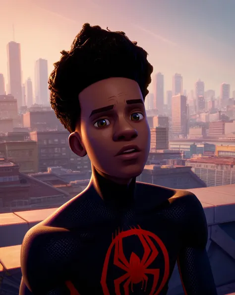 score_9, score_8_up, score_7_up, zPDXL, <lora:Spider-Verse_Style:0.95>SVstyle, halftone, ben-day dots, chromatic aberration, solo, Spider-Man_Miles Morales, circled spidersymbol, two-tone bodysuit, black bodysuit, red bodysuit, maskless, MilesMorales, afro, city background, golden hour, rooftop, closeup, looking at viewer