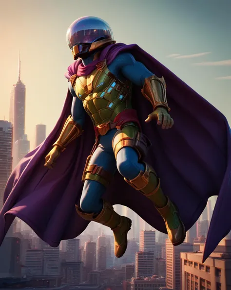 score_9, score_8_up, score_7_up, zPDXL, SVstyle, halftone, ben-day dots, chromatic aberration, <lora:Spider-Verse_Style:0.80> ,  1boy, cape, helmet, purple cape, green armor, flying, city skyline, city background,<lora:AIPansen__Mysterio:0.90>