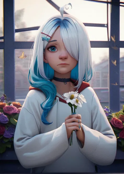 score_9, score_8_up, score_7_up, score_6_up, general, 1girl, solo, long hair, looking at viewer, blue eyes, long sleeves, hair ornament, holding, closed mouth, blue hair, upper body, white hair, ahoge, flower, multicolored hair, sidelocks, choker, hairclip, hood, nail polish, blurry, sleeves past wrists, window, hoodie, depth of field, hair intakes, hood down, bug, butterfly, colored inner hair, blue nails, blurry foreground, holding flower, white hoodie, flower over eye
<lora:Spider-Verse_Style:0.95> SVstyle, halftone, ben-day dots, chromatic aberration
