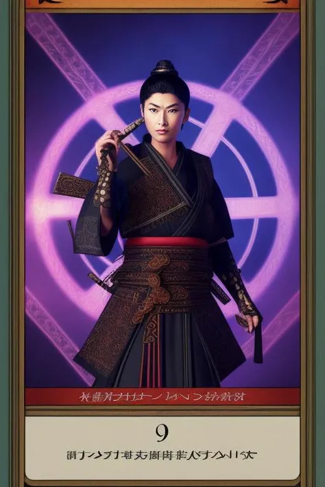 tarot card, samurai, asian,portrait, trading card, virtual, celtic, futuristic, punk, victorian, rim lighting, duskypie,  lisdusk1,seconddusk