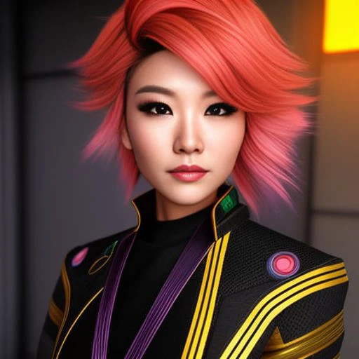 scifi, asian-american,wild hair colors,portrait, trading card, virtual,  futuristic, punk, victorian, rim lighting,redshift style, seconddusk