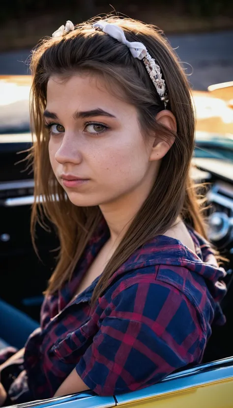 a cute 20-year-old girl relaxing in a 1964 Mustang convertible, friendly tired face, highly detailed skin with no make-up, cute hair accessories, soulful shining eyes, light and shadow, anti-aliasing, color-graded, nikon D850 <lora:tink80:0.75>