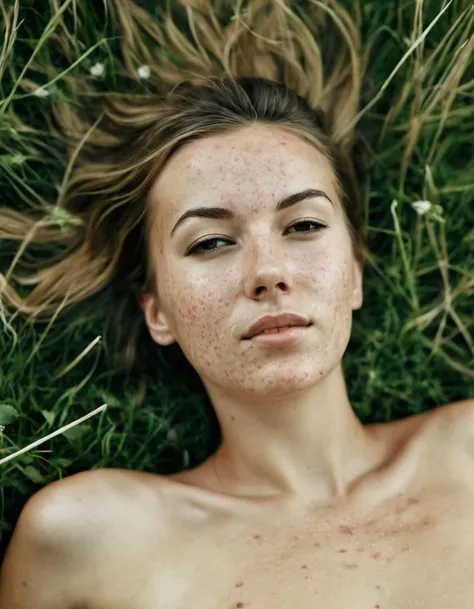 a 25 year old woman, acne, imperfect, outdoors, lying in grass, nude, legs spread