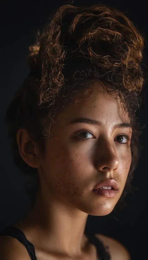 portrait of a shadowy girl in the void, highly textured imperfect acne skin, cute hair accessories, light and shadow, anti-aliasing, color-graded, floating motes, dynamic volumetric lighting, nikon D850