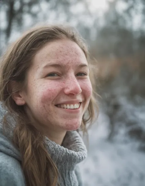 a pretty 25-year-old woman smiling back at me as we wake on a frosty christmas morning, full-body shot, highly textured skin with imperfect acne breakouts, steaming breath, anti-aliasing, color-graded, nikon D850