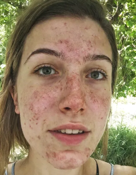 selfie of a 25 year old woman, acne, imperfect, outdoors