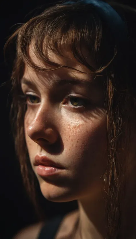 portrait of a shadowy girl in the void, highly textured imperfect acne skin, cute hair accessories, light and shadow, anti-aliasing, color-graded, floating motes, dynamic volumetric lighting, nikon D850