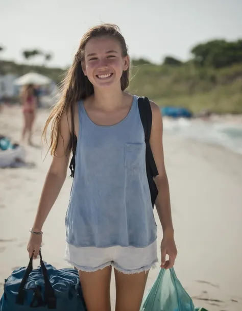 a pretty 20-year-old girl smiling back at me as we pack up our things after a day at the beach, summer-style, full-body, highly textured skin with imperfect acne breakouts, anti-aliasing, color-graded, nikon D850
