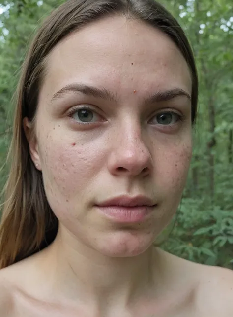 selfie of a 25 year old woman, imperfect skin face, imperfect skin body, acne on the body, outdoors,cinematic,
