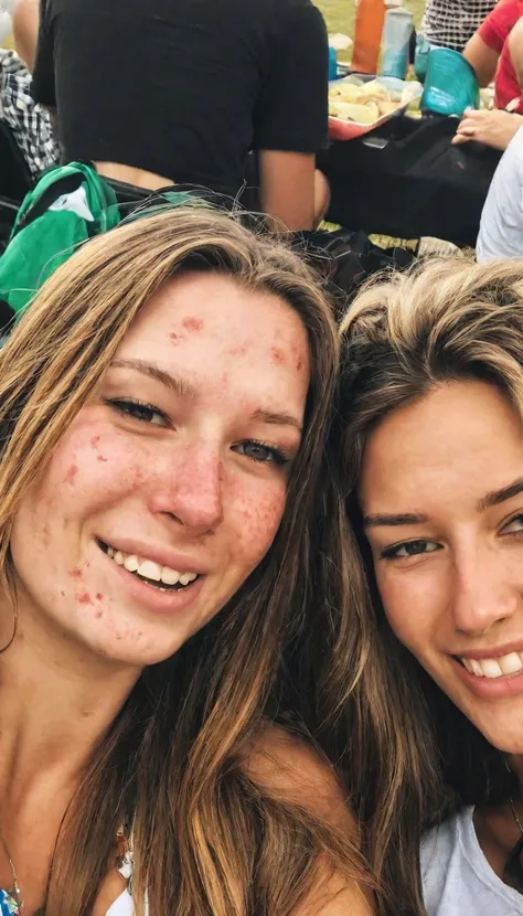 selfie of a imperfect 31 year old woman and her perfect best friend at a tailgate party, she has acne on her face face, (imperfect), long hair, best friend has perfect smooth skin, hd, photo by ingrid baars