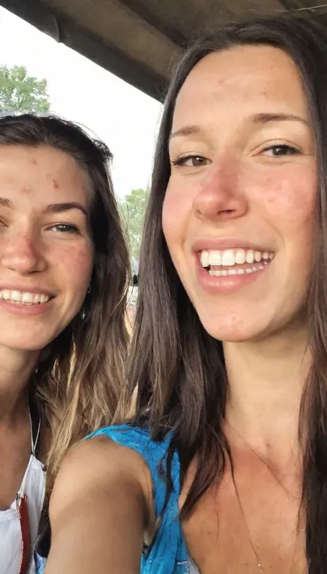selfie of a imperfect 31 year old woman and her perfect best friend at a tailgate party, she has acne on her face face, (imperfect), long hair, best friend has perfect smooth skin, hd, photo by ingrid baars