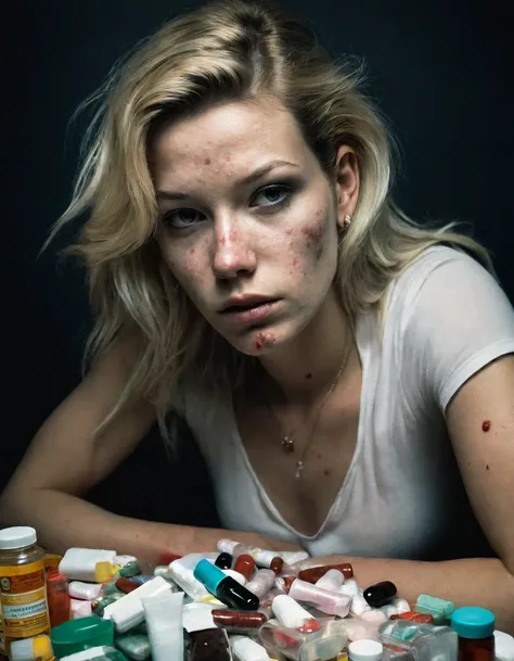 female sitting by a table filled with drugs, looking at the viewer, (imperfect:1.1), she has acne on her face, detailed upperbody, photo by ingrid baars