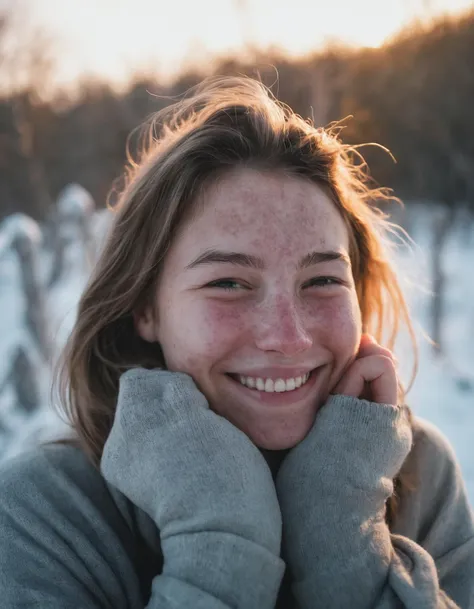 a pretty 25-year-old woman smiling back at me as we snuggle together for warmth as we watch the sunrise, frosty christmas morning, full-body shot, highly textured skin with imperfect acne breakouts, anti-aliasing, color-graded, nikon D850