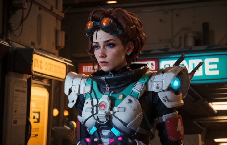 masterpiece, best quality,
(solo), 1girl, look sideways, dim light,
Horizon_\(apex legends\), goggles, blue eyes, brown hair, gauntlets, shoulder armor, headwear, (freckles:0.5),
(science_fiction), outdoors, street, neon lights, cyberpunk,