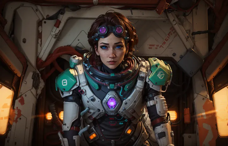 masterpiece,  best quality, 
(solo), 1girl, looking at the viewer, dim light, 
Horizon_\(apex legends\), goggles, blue eyes, brown hair, gauntlets, shoulder armor,  headwear, 
science_fiction, outdoors, street, neon lights, cyberpunk,