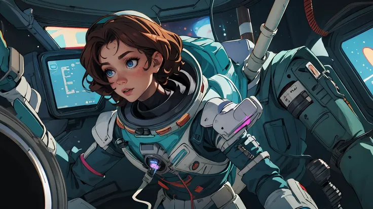 masterpiece, best quality,
(solo), 1girl, look sideways, dim light, floating,cowboy shot, pose,blurry foreground,dutch angle
Horizon_\(apex legends\), scientist, goggles, blue eyes,perfect face, brown hair, curly hair,old,narrow forehead, headwear, goggles cover hairline ,green spacesuit(freckles:0.5),
(science_fiction), spacecraft interior, universe, neon lights, cyberpunk <lora:Horizon:0.8>