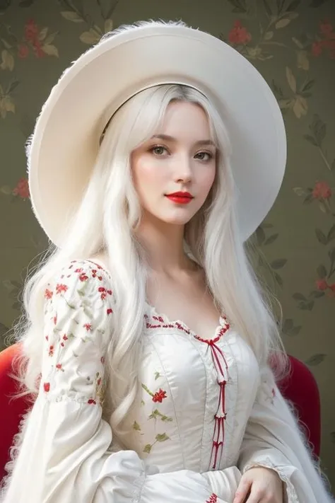 (dynamic pose:1.2),(dynamic camera),photo RAW,((young skinny smile a woman with long white hair and a white hat),(look to viewer),(full red lips),(Olive Wallpaper with a fluff vintage pattern in the background:1.3)),masterpiece, best quality, highly detailed, rule of third, soft lighting, beautiful detailed, insanely intricate details, perfect lighting, incredible detail, artstation trending, hypermaximalistic, high details, natural balance color,8k, ultra detailed, beautiful and aesthetic, extremely detailed, the most beautiful form of chaos, elegant, vivid colours, romanticism, atmospheric, <lora:add_detail:0.25>, in the style of intimacy, dreamscape portraiture, solarization, shiny kitsch pop art, solarization effect, reflections and mirroring, photobash, (composition centering, conceptual photography), (natural colors, correct white balance, color correction, dehaze,clarity)