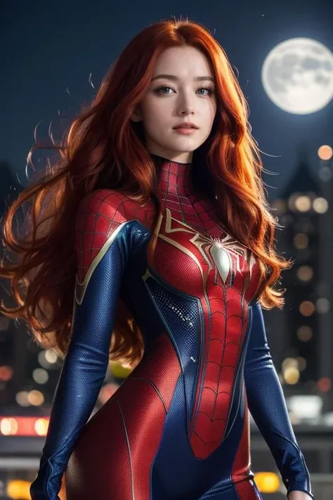 (best quality, masterpiece, colorful, dynamic angle, highest detailed) upper body photo, fashion photography of cute, intense long red hair, \Mary Jane\ in spiderman suit, (ultrahigh resolution textures), in dynamic pose, bokeh, glowing web, (intricate details, hyperdetailed:1.15), detailed, moonlight passing through hair, perfect night, colorful poster art flat background, (official art, extreme detailed, highest detailed), HDR