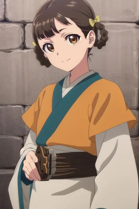 kusuriyaxiaolan, <lora:kusuriya xiaolan s1-lora-nochekaiser:1>,
xiaolan, bangs, brown hair, hair ornament, (brown eyes:1.3), braid, hair rings, smile,
BREAK japanese clothes, robe, orange robe, long sleeves, skirt, white skirt,
BREAK outdoors,
BREAK looking at viewer, (cowboy shot:1.5),
BREAK <lyco:GoodHands-beta2:1>, (masterpiece:1.2), best quality, high resolution, unity 8k wallpaper, (illustration:0.8), (beautiful detailed eyes:1.6), extremely detailed face, perfect lighting, extremely detailed CG, (perfect hands, perfect anatomy),
