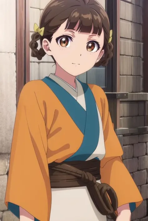 kusuriyaxiaolan, <lora:kusuriya xiaolan s1-lora-nochekaiser:1>,
xiaolan, bangs, brown hair, hair ornament, (brown eyes:1.3), braid, hair rings, smile,
BREAK japanese clothes, robe, orange robe, long sleeves, skirt, white skirt,
BREAK outdoors,
BREAK looking at viewer, (cowboy shot:1.5),
BREAK <lyco:GoodHands-beta2:1>, (masterpiece:1.2), best quality, high resolution, unity 8k wallpaper, (illustration:0.8), (beautiful detailed eyes:1.6), extremely detailed face, perfect lighting, extremely detailed CG, (perfect hands, perfect anatomy),