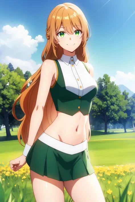 raeliana <lora:raeliana:0.8>, small breasts, blouse, sleeveless, crop top, miniskirt, long hair, beautiful face, green eyes, smile, (masterpiece:1.2), best quality, absurdres, highres, extremely detailed wallpaper, perfect lighting, unity 8k, outdoors, grass, field,