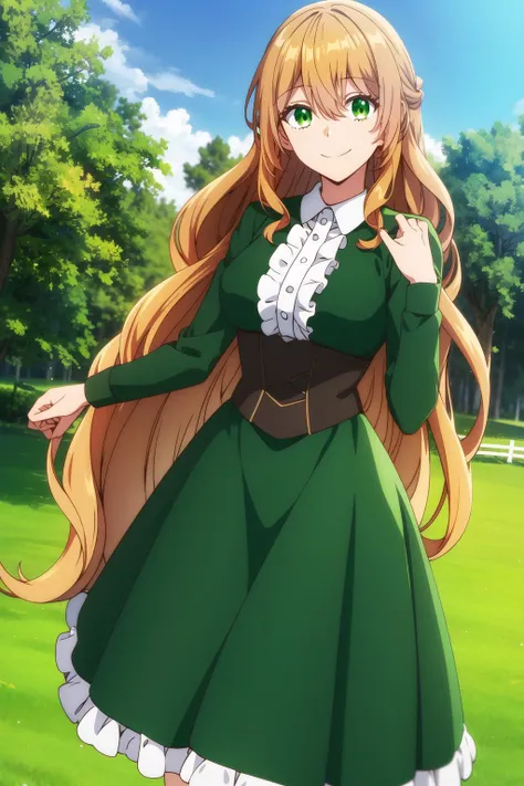 raeliana <lora:raeliana:0.8>, small breasts, green dress, long hair, beautiful face, green eyes, smile, (masterpiece:1.2), best quality, absurdres, highres, extremely detailed wallpaper, perfect lighting, unity 8k, outdoors, grass, field,