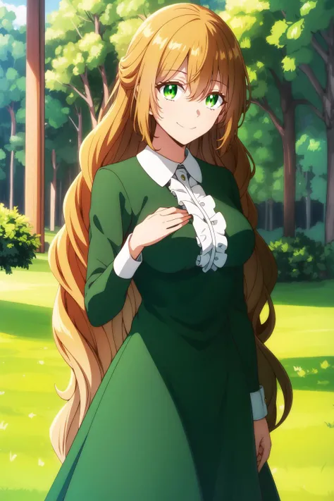 raeliana <lora:raeliana:0.8>, small breasts, green dress, long hair, beautiful face, green eyes, smile, (masterpiece:1.2), best quality, absurdres, highres, extremely detailed wallpaper, perfect lighting, unity 8k, outdoors, grass, field,