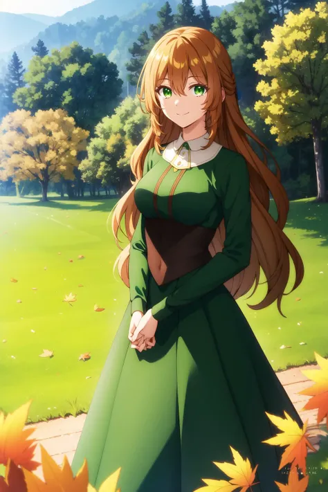 raeliana <lora:raeliana:0.8>, small breasts, green dress, autumn hair, beautiful face, green eyes, smile, (masterpiece:1.2), best quality, absurdres, highres, extremely detailed wallpaper, perfect lighting, unity 8k, outdoors, grass, field,