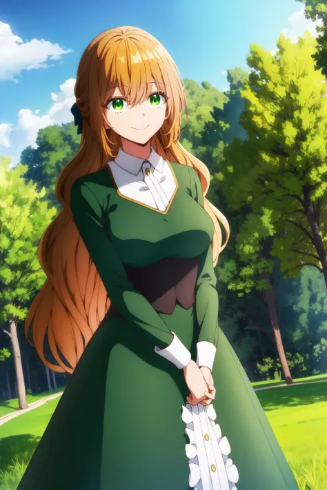 raeliana <lora:raeliana:0.9>, small breasts, green dress, long hair, beautiful face, green eyes, smile, (masterpiece:1.2), best quality, absurdres, highres, extremely detailed wallpaper, perfect lighting, unity 8k, outdoors, grass, field,