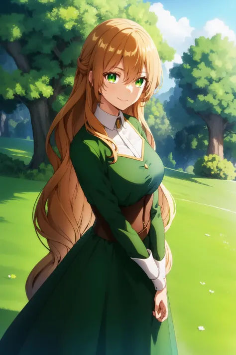 raeliana <lora:raeliana:0.8>, small breasts, green dress, long hair, beautiful face, green eyes, smile, (masterpiece:1.2), best quality, absurdres, highres, extremely detailed wallpaper, perfect lighting, unity 8k, outdoors, grass, field,